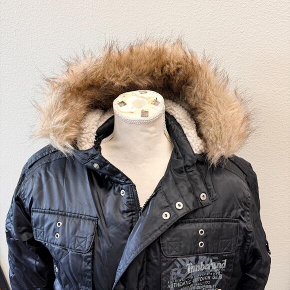 Timberland Jacket Men Black Hooded Insulated Warm Parka Coat Faux Fur Size Med - Picture 4 of 16